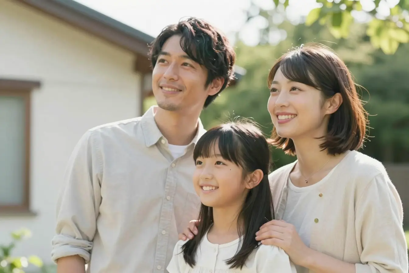 庭先で笑う家族